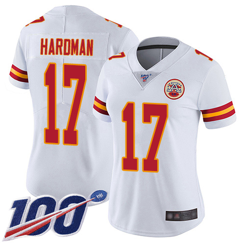 Women Kansas City Chiefs #17 Hardman Mecole White Vapor Untouchable Limited Player 100th Season Football Nike NFL Jersey